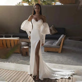 Detachable Puff Sleeves V-neck Soft Satin Sheath/Mermaid Wedding Dresses Side Slit Sweep Train Bridal Grownm 26W